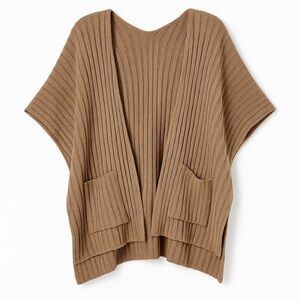 Cocogio Alpaca Blend Ribbed Knit Poncho Sweater Tan OS Made in Italy Pockets